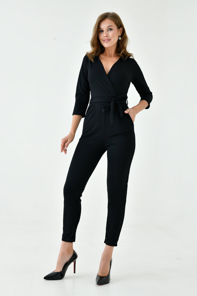 lovebox Flexibilní krepová tkanina s dvojitým límcem a dlouhým rukávem propracovaný černý overal Hy-75310