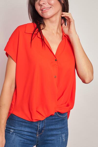 Jument Lycra-Free Stylish Fabric Collar Off-Shoulder Pleated Front Shirt-Orange