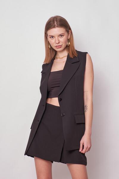 Jument Women's Collared Pocket Covered Lightweight Lycra Woven Fabric Oversize Blazer Vest-Black