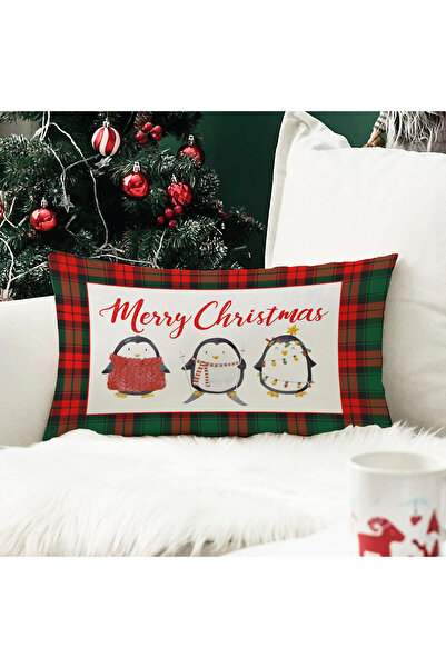 Evmila Yılbaşı Temalı Penguen Desenli Kadife Kırlent Kılıfı 35x55 cm - Dekora...