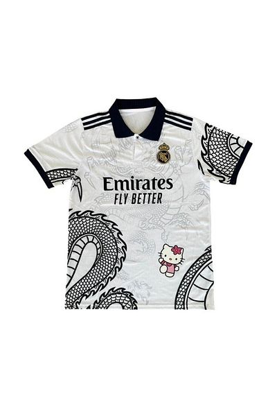 Köstebek Tricou alb Kitty Madrid Dragon Jersey negru cu guler cu nasturi