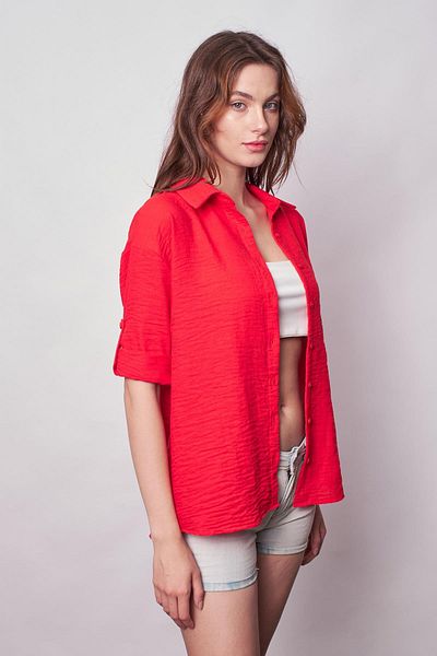Jument Women's Linen Off-Shoulder Collar Capri Sleeve Epaulet Shirt - Dark Coral