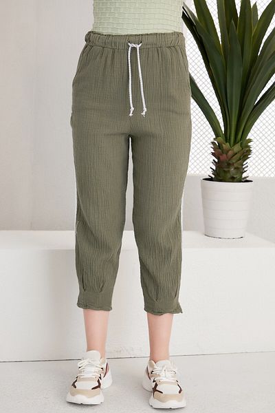 Alışveriş Sokağı Linen Trousers with Pockets and Lace-up Side Stripe Design