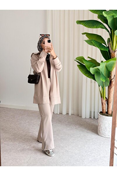 ASEL FASHİON بدلة بياقة بحرية وجيوب باللون البيج