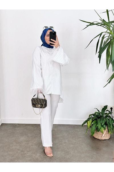 ASEL FASHİON طقم قميص أوتريس مخطط باللون الأبيض