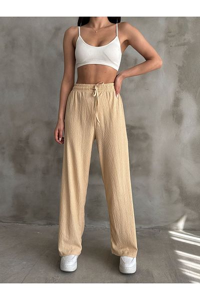Giyimsel Women's Beige Elastic Waist Palazzo Pants