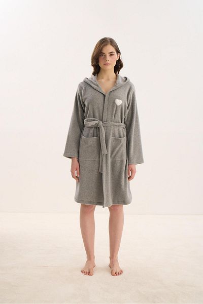 Sevim Polar Gray Melange Hooded Women's Dressing Gown - C0T5N1O61