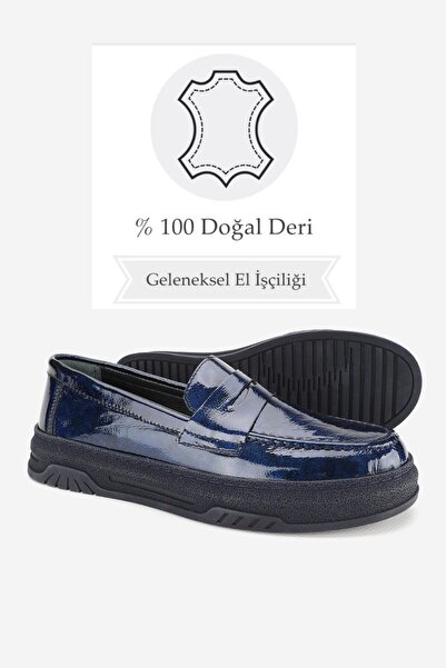 TUNAELLİ KADIN LACİVERT RUGAN HAKİKİ DERİ 36-41 NUMARA DÜZ TOPUKLU LOAFER AYAKKABI