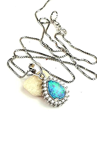 OSESHOP Zirkon taş detaylı opal taşlı italyan 925 ayar gümüş damla kolye