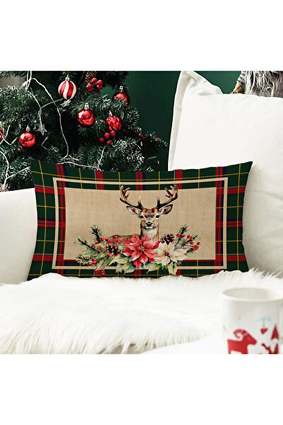 Evmila Yılbaşı Temalı Geyik Desenli Kadife Kırlent Kılıfı 35x55 cm - Dekorati...