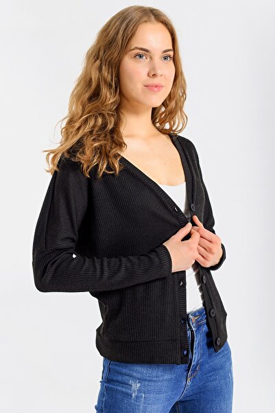 Jument Women's Camisole V Neck Off Shoulder Long Sleeve Button up Spring Cardigan-Black