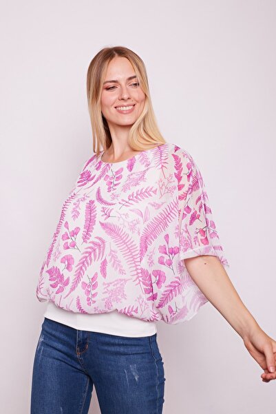 Jument Μπλούζα με λεπτομέρεια από σιφόν με λαιμόκοψη και μανίκια με λαβή -Fujya Flower