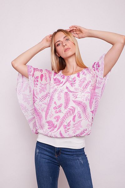 Jument Bluză cu mânecă liliac și gât de barcă cu model și detaliat -fuja Floral