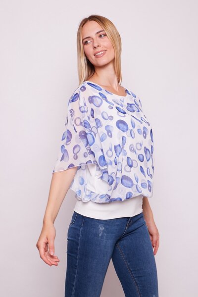 Jument Bluză cu mâneci liliac cu decolteu tip barcă din șifon cu modele - model albastru
