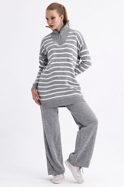 MD trend Women's Zippered Collar Striped Oversize Sweater and Trousers Double Knitwear Set