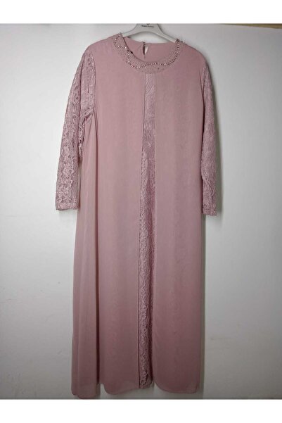 BİGÜMEX PEMBE ŞIK TAŞ İŞLEMELİ BÜYÜK BEDEN ANNE ABİYE ELBİSE