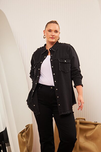 RMG Büyük Beden Denim Gömlek Füme