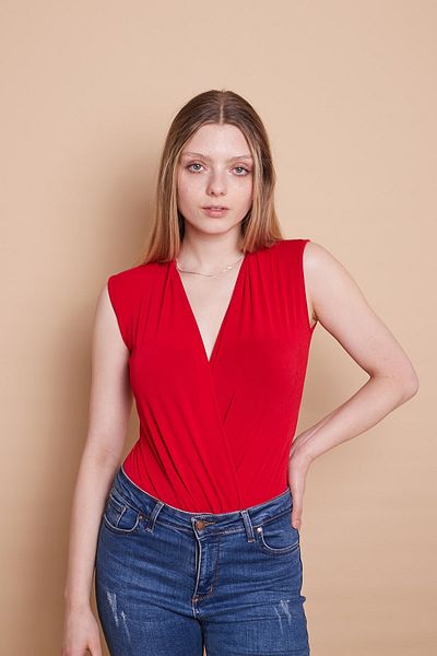 Jument Crepe Fabric Wrapped Double Breasted Sleeve Gathered Short Sleeve Bodysuit Lycra Bodysuit Blouse -red