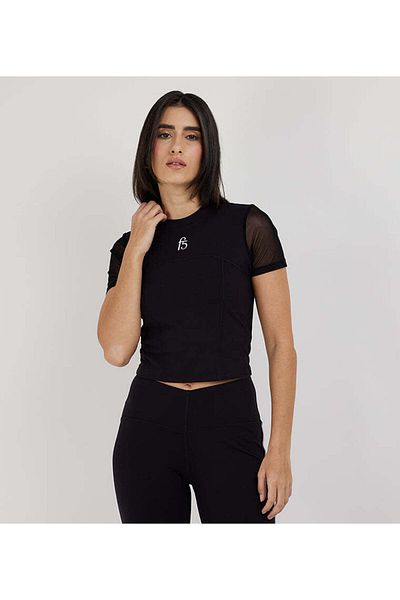 F5 Cropped Mesh Sleeve T-Shirt For Women