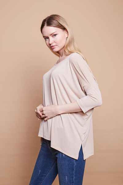 Jument Tesatura creponata din lycra cu decolteu larg Capri Maneci trei sferturi Crapa laterala Casual Bluza supradimensionata-bej