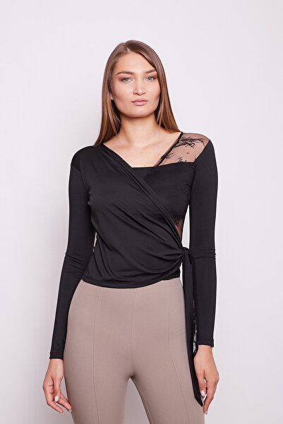 Jument Lace Detailed Wrap Double-Breasted Long Sleeve Stretch Fabric Blouse-Black