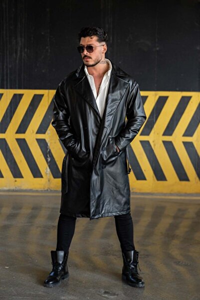 OUTFİT MAN Erkek Vintage Kemerli Uzun Deri Kaban Siyah