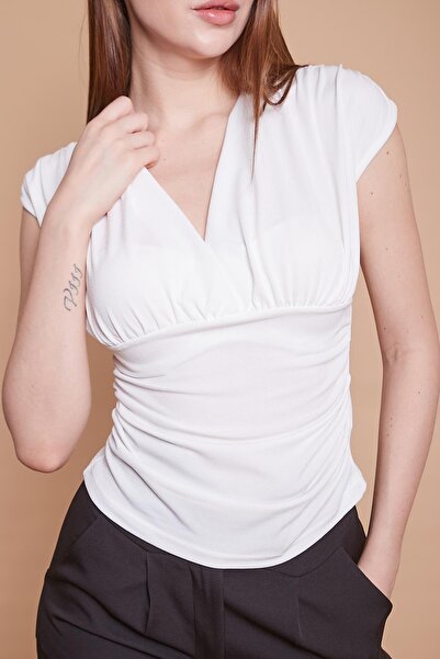 Jument ελαστικό ύφασμα Crepe Fabric διπλό πέτο Μπλούζα με κορδόνια χωρίς ώμους-Κρέμα