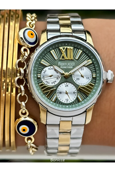 Ferrucci وظائف النشطة الفضة الأصفر الصلب الحبل الأخضر الهاتفي المرأة ساعة الي...