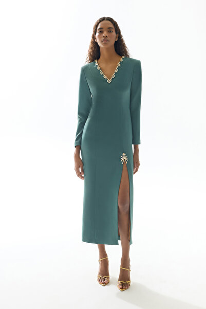 Jus De Pommes PETROL YEŞİLİ TAŞ İŞLEMELİ YIRTMAÇLI MİDİ ELBİSE