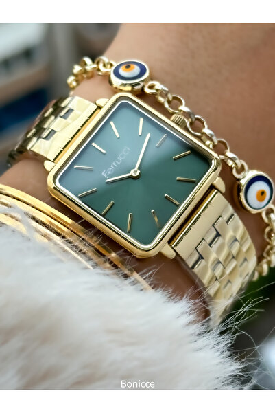 Ferrucci Marka Sarı Renk Çelik Kordon Yeşil kadran Kare Kasa Kadın Kol Saati ...