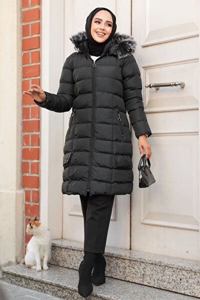 Neva Style Μαύρο μουσουλμανικό πουπουλένιο παλτό με κουκούλα 9781S
