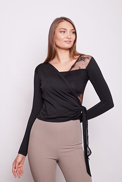 Jument Lace Detailed Wrap Double-Breasted Long Sleeve Stretch Fabric Blouse-Black