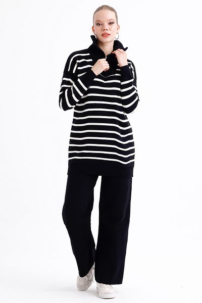 MD trend Women's Zippered Collar Striped Oversize Sweater and Trousers Double Knitwear Set