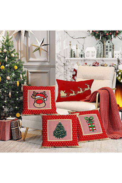 Evmila 4'lü Yılbaşı Temalı Kadife Kırlent Kılıfı 43x43 cm - Dekoratif Yastık ...