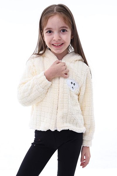 aden kids Ecru Unisex Children's Plush Cardigan - Checkered Pattern, Lining Detailed, 1-5 Years, Winter