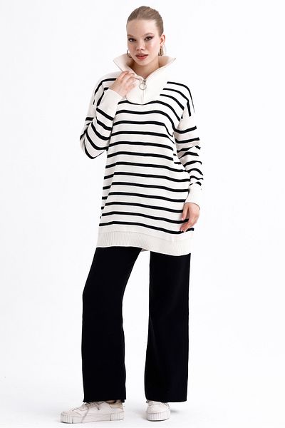 MD trend Women's Zippered Collar Striped Oversize Sweater and Trousers Double Knitwear Set