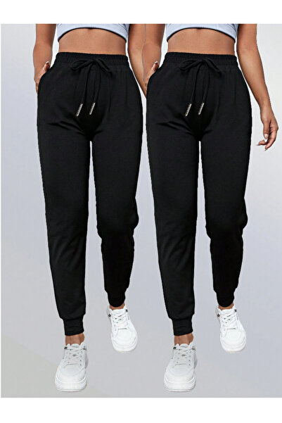 yx yustex sport Pachet de 2 pantaloni de trening negri cu elastic la gleznă