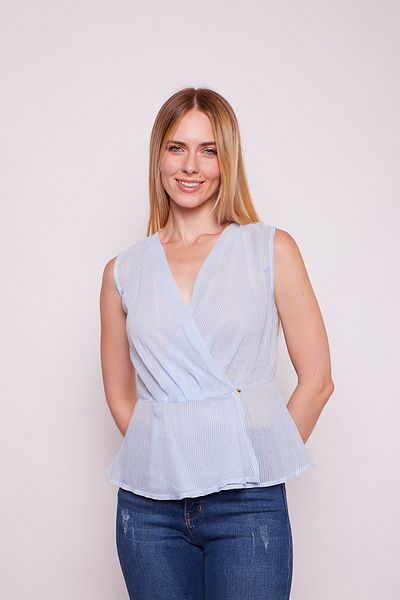 Jument Bluză fără mâneci, cu model, înfășurată din voal, cu piept dublu în față, cu talie cu volan, cu model - albastru