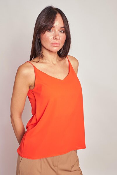 Jument Lightweight Shiny Stylish Fabric String Strap Inside Jacket V-Neck Blouse-Orange