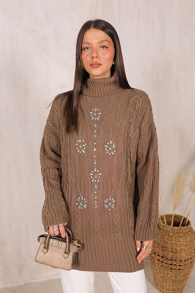 Melike Tatar Milky Brown Stoned Knitwear Sweater 32-7003