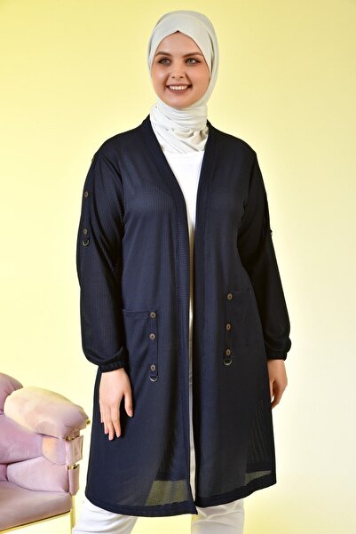 Ferace Women's Plus Size Honeycomb Fabric Long Cardigan Navy Blue