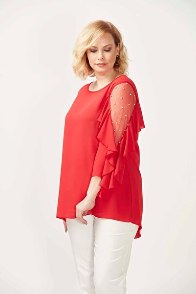 Moda Berray 28004 Kolları Incili Büyük Beden Bluz Nar Çiçeği