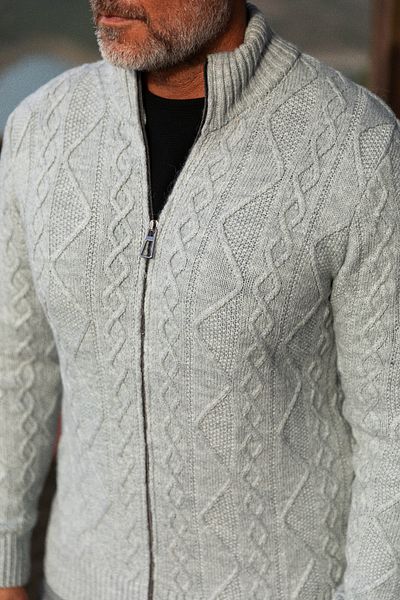 Mcr Braided Slim Fit Judge Collar Zippered Wool Men's Knitwear Cardigan Light Gray - 11236.23K