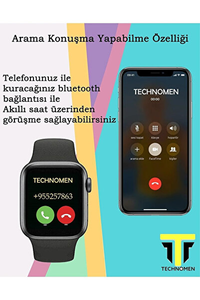TECHNOMEN Arama Özellikli ve Tüm Telefonlarla Uyumlu Türkçe Yeni Versiyon Akıllı Saat ve Bluetooth Kulaklık