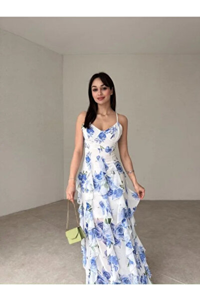 popibutik Fırfır Detaylı Askılı Maxi Boy Mavi Elbise