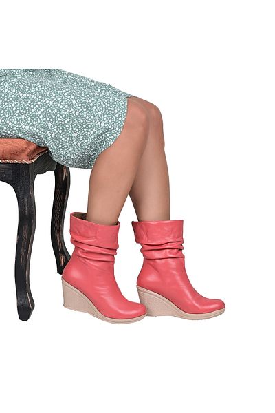 NOOSY Genuine Leather Wedge Heel Pomegranate Flower Women's Boots