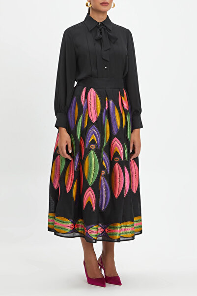 SERPİL Etnik Desenli Maxi Boy Renkli Siyah Etek 40300