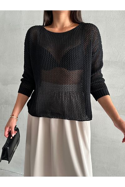 Laluvia Black Blossom Openwork Relaxed Fit Pullover-4051
