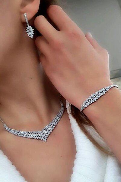 OSESHOP Pırlanta Parlaklığında Zirkon Taşlı 925 ayar Gümüş Set Takım
