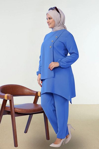 Ferace Women's Large Size Lower Top Hijab Double Ayrobin Suit Indigo